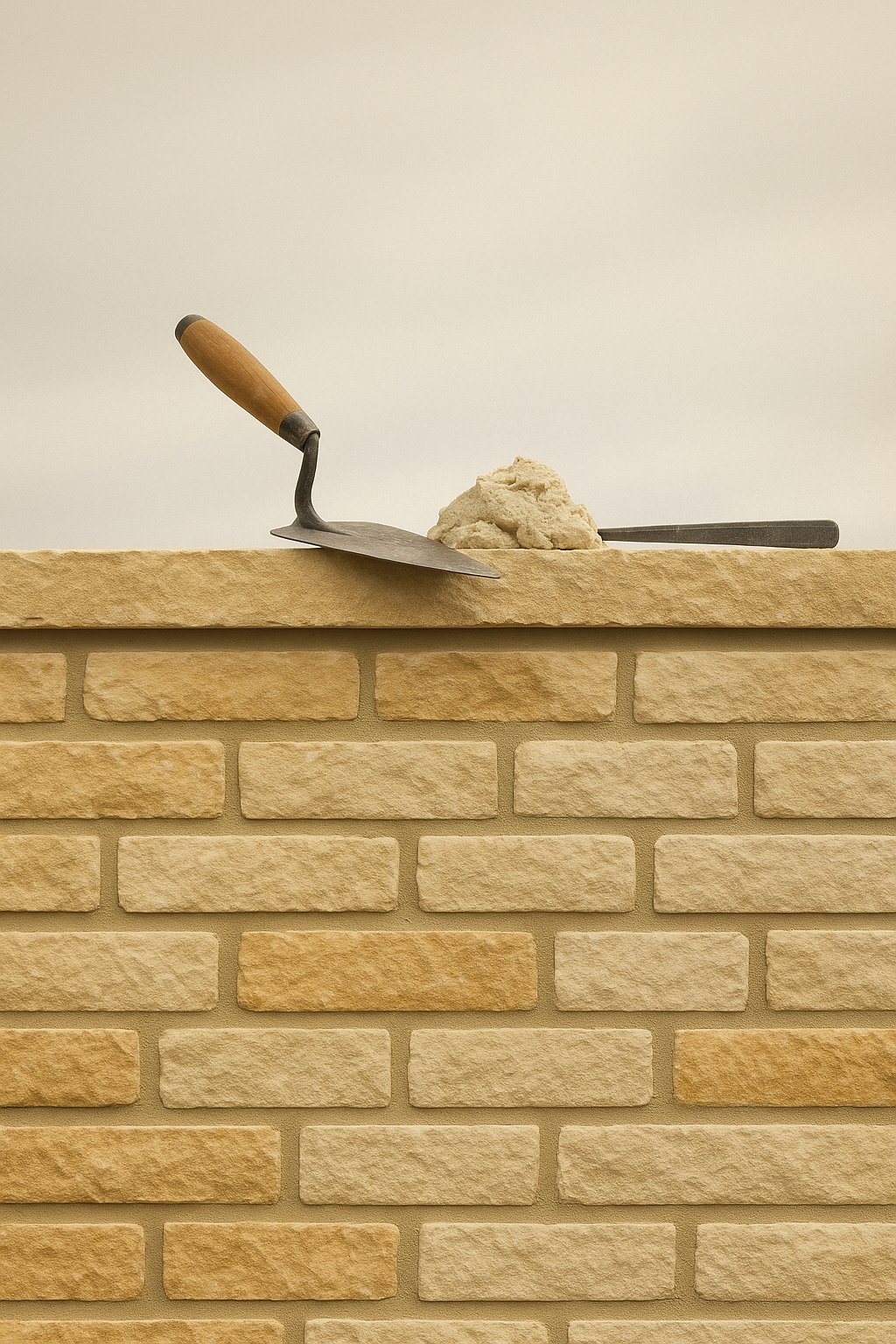 Trowel and pointing iron resting on a freshly laid Cotswold limestone wall